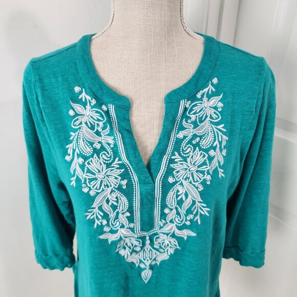 Chicos Top Womens 2 Blue Soft Linen Embroidered Boho Festival Side Slits - Picture 2 of 12